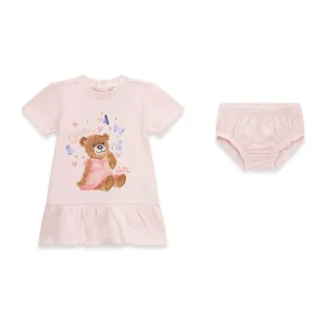 GUESS KIDS Бебешки комплект рокля и гащички в розово с принт - Снимка 1