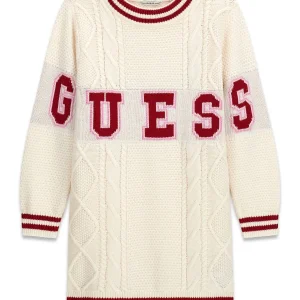 GUESS KIDS Трикотажна рокля в кремаво бяло с релефен дизайн - Снимка 1