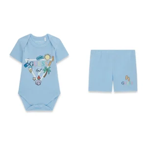 GUESS KIDS Бебешки комплект светлосиньо боди и шорти - Снимка 1