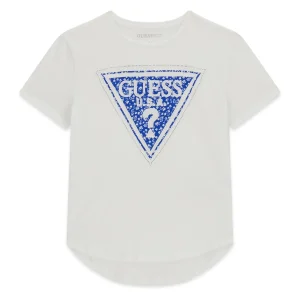 GUESS KIDS Бяла памучна тениска с асиметричен подгъв за момичета - Снимка 1