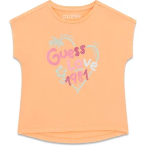 GUESS KIDS Трикотажна оранжева тениска с блестящ надпис за  малки момичета - Снимка 1