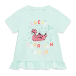GUESS KIDS Детска зелена тениска с фламинго и воланки за  малки момичета