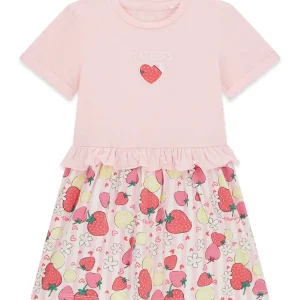 GUESS KIDS Розова рокля с плодови мотиви и апликация за  малки момичета - Снимка 1