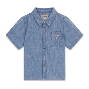 GUESS KIDS Риза за момче от лен и шамбре в индиго цвят - Снимка 1