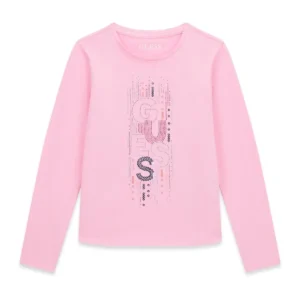 GUESS KIDS Трикотажна розова блуза с блестящо лого - Снимка 1