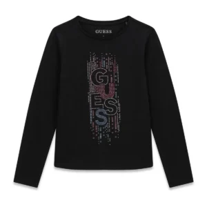 GUESS KIDS Детска черна блуза с дълъг ръкав и лого - Снимка 1