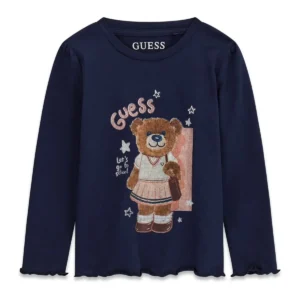 GUESS KIDS Тъмносиня детска тениска с меченце и надписи - Снимка 1