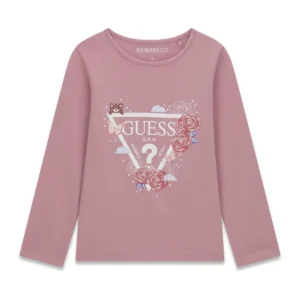 GUESS KIDS Трикотажна розова блуза с цветя и мечета - Снимка 1