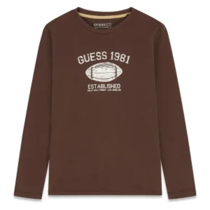GUESS KIDS Мека памучна тениска шоколадов цвят с лого