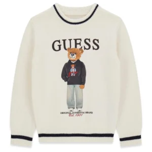 GUESS KIDS Трикотажен кремав пуловер с мечка за малки момчета - Снимка 1