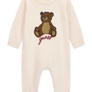 GUESS KIDS Трикотажен кремав гащеризон с мече за бебе - Снимка 1