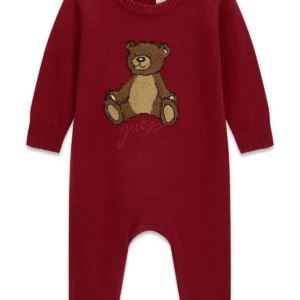 GUESS KIDS Червен бебешки гащеризон с мече апликация - Снимка 1
