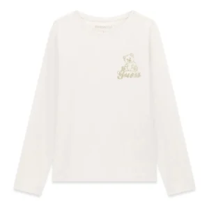 GUESS KIDS Бяла памучна тениска с дълъг ръкав и мече - Снимка 1