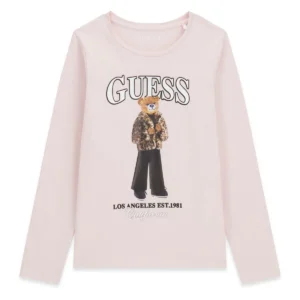 GUESS KIDS Детска блуза с мече за момичета, люляков цвят - Снимка 1