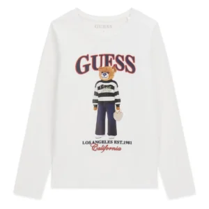 GUESS KIDS Трикотажна блуза с цветен принт и мечок - Снимка 1