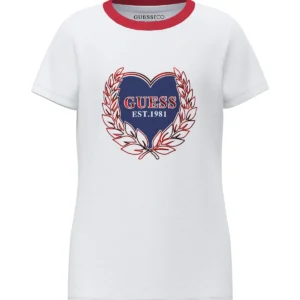 GUESS KIDS Детска тениска с червена яка и лого, бяла - Снимка 1