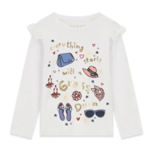 GUESS KIDS Бяла трикотажна блуза с апликация за момичета - Снимка 1