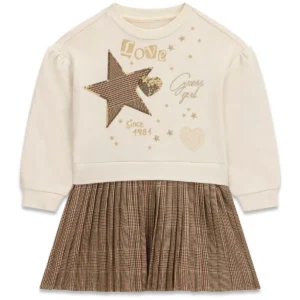 GUESS KIDS Кремава детска рокля с дълъг ръкав и декорации - Снимка 1
