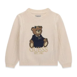 GUESS KIDS Трикотажен кремав пуловер с мечка за момичета