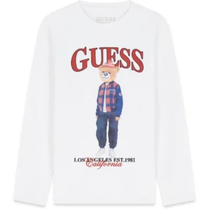 GUESS KIDS Бяла детска блуза с мечка и надпис за момчета - Снимка 1