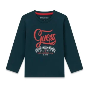 GUESS KIDS Тъмнозелена детска тениска с червен принт и лого - Снимка 1