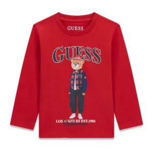 GUESS KIDS Яркочервена детска тениска с мече и дълги ръкави - Снимка 1
