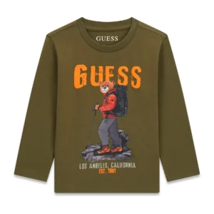 GUESS KIDS Детска памучна тениска с мечешки принт в маслинено - Снимка 1