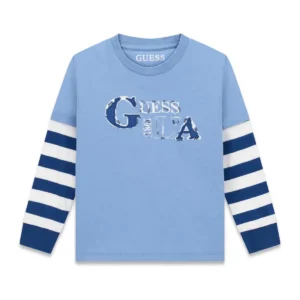 GUESS KIDS Детска тениска с райета и лого, парижко синьо - Снимка 1