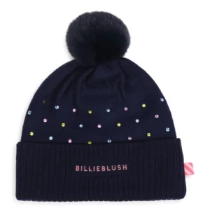 BILLIEBLUSH Тъмносиня трикотажна шапка с камъчета и помпон - Снимка 1